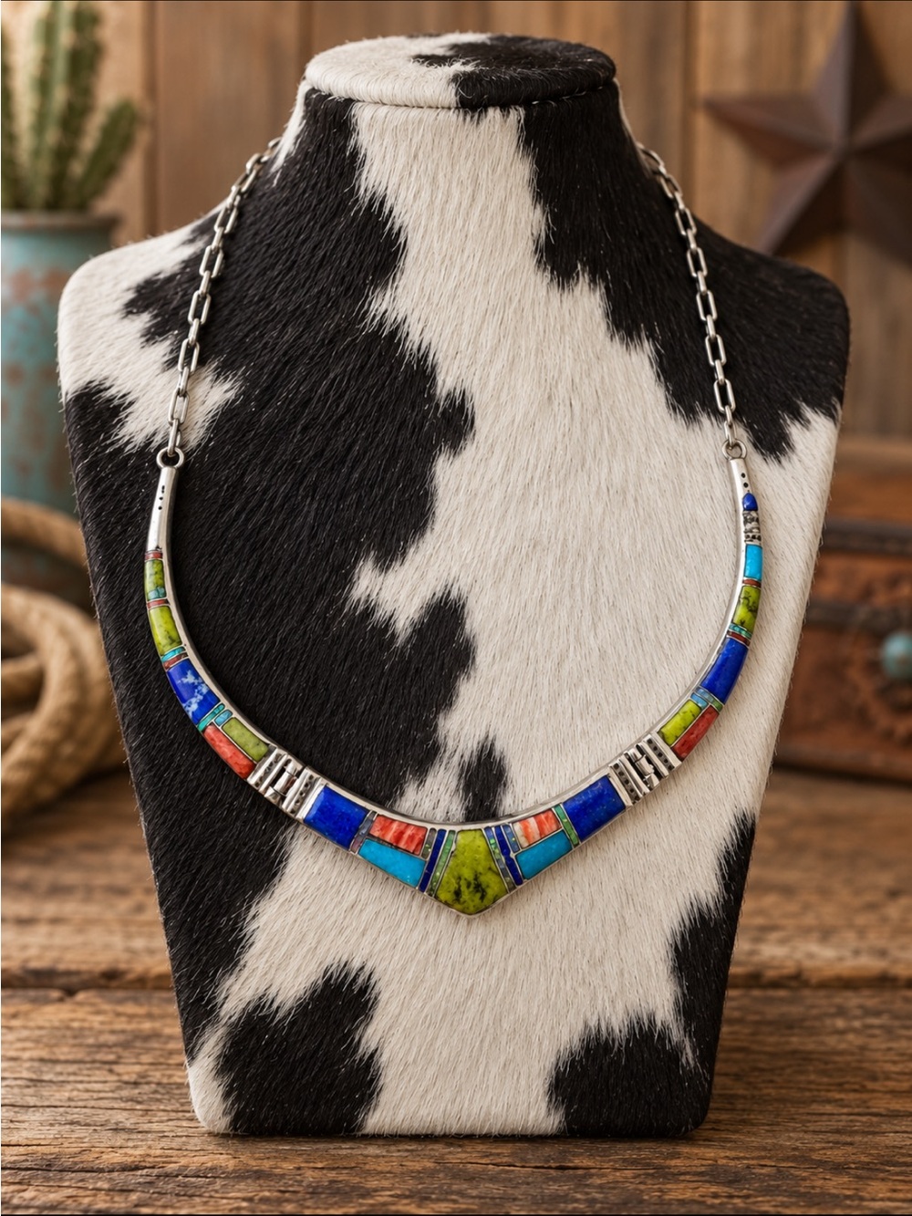 Vintage Signed PW Sterling Silver Multi Stone Mosaic Collar Necklace